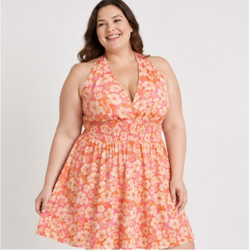 Madden NYC Womens Plus 3X Tropical Floral Halter Mini Smocked Dress Pink Orange